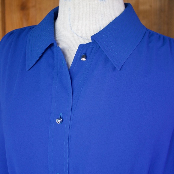 Vintage I. Magnin Blue Long Sleeve Midi Shirt Dress Jewel Buttons Woman's Size L - Picture 12 of 16